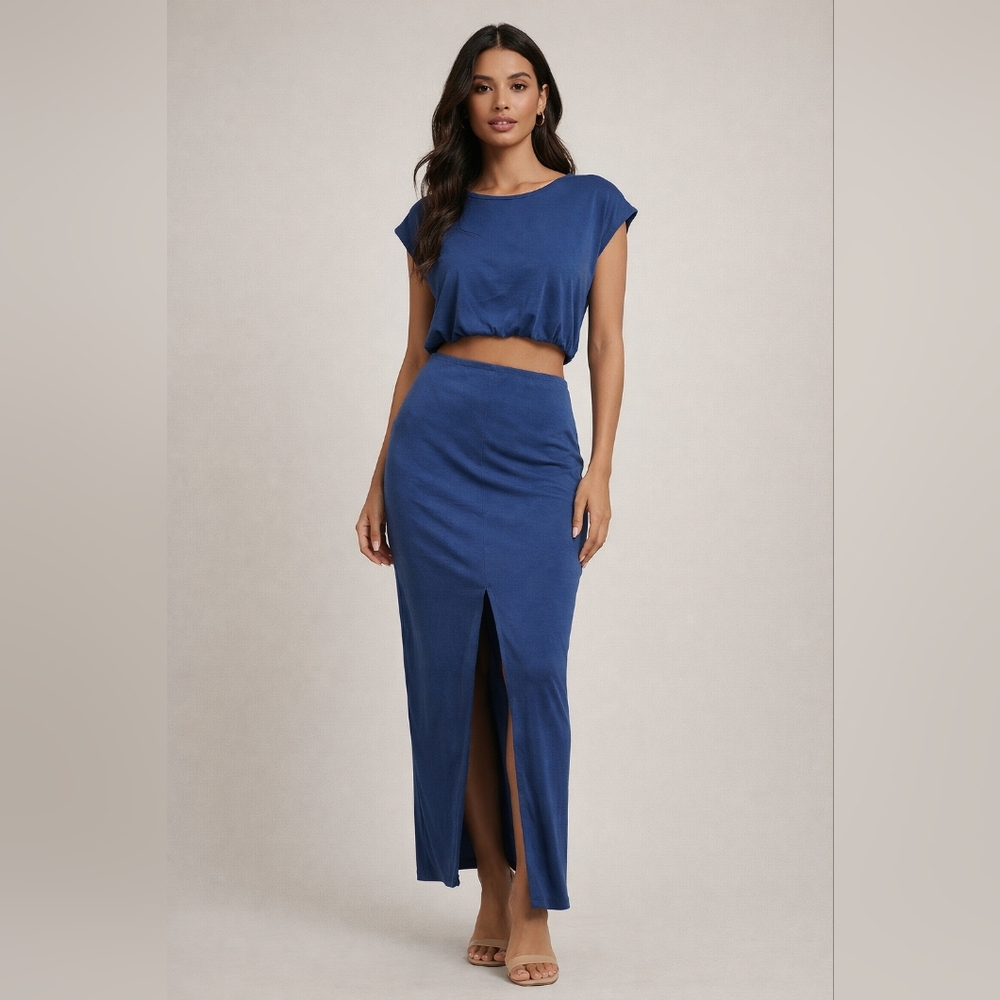 NWT Free People Blue 2 Piece Short Sleeve Crop Top and Slit Skirt Set Size XL